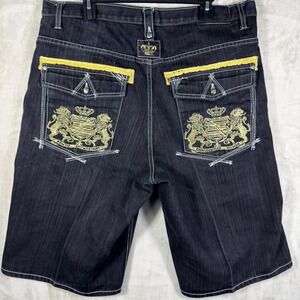 Y2K Urban Label Mens Black Denim Jean Shorts Baggy Embellished Size 38